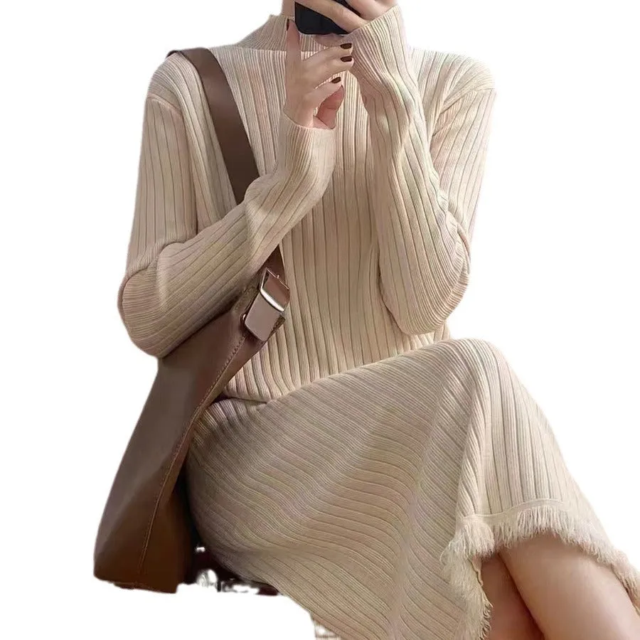 Mock Neck Sweater Mid-length Tassel Knitted Dress