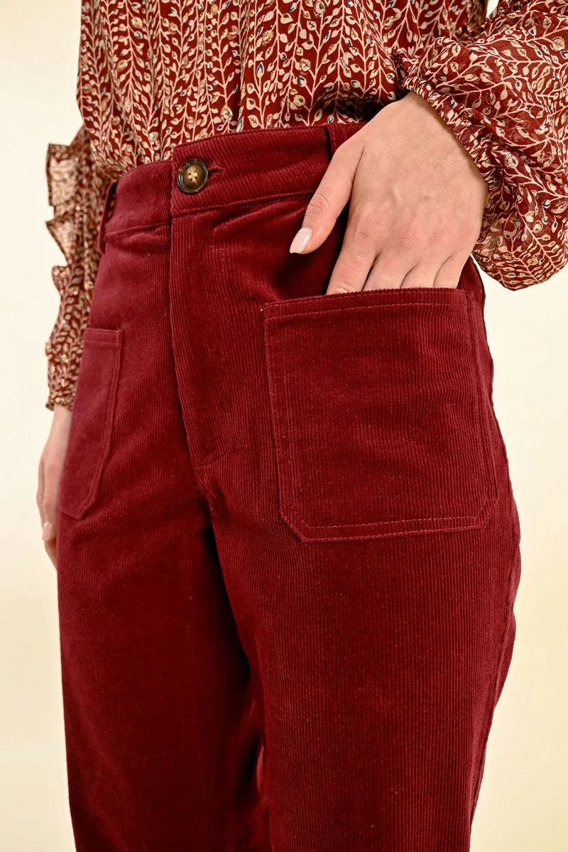 Molly Bracken Dark Red Velvet Flared Trousers