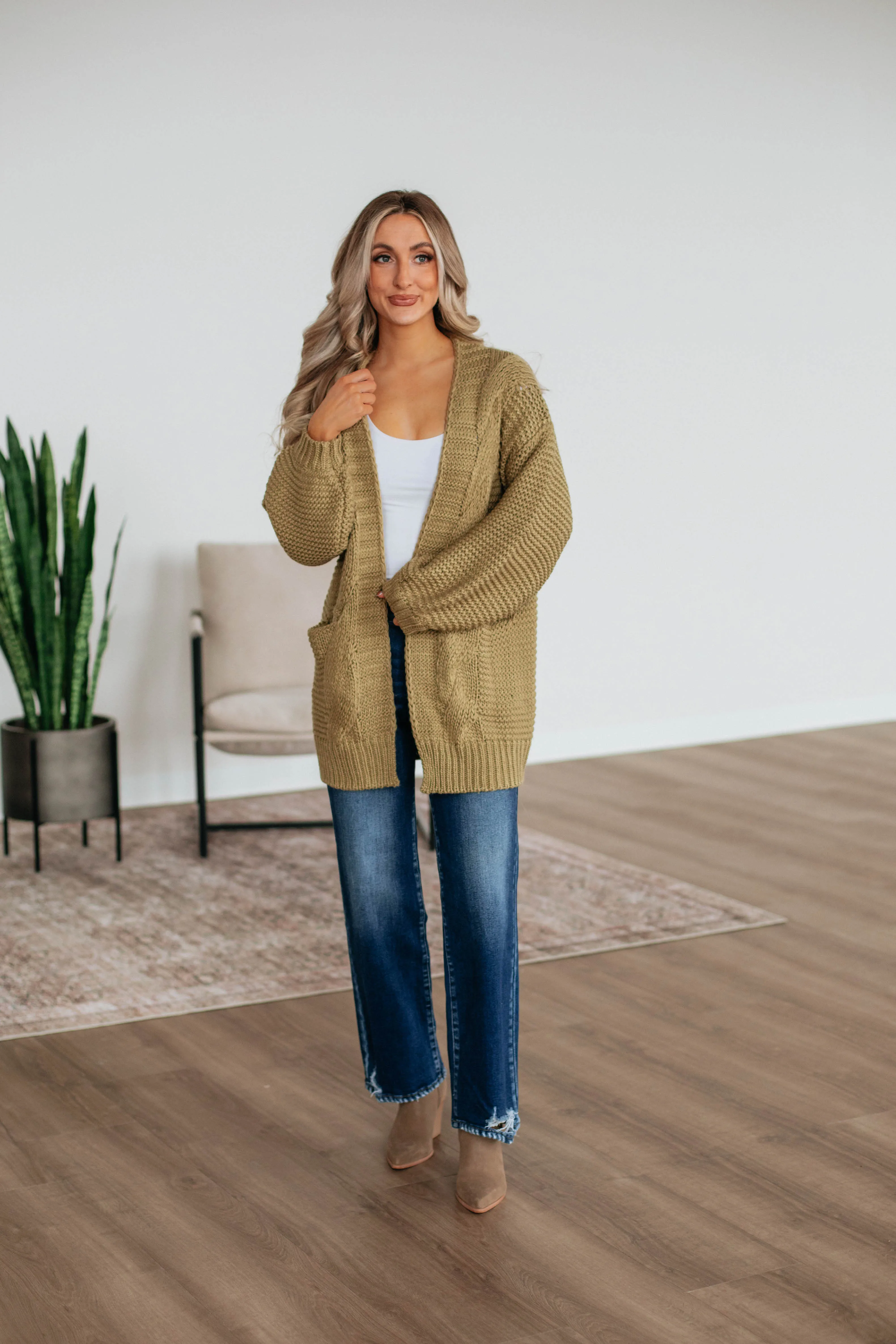 Montley Cable Knit Cardigan - Light Olive