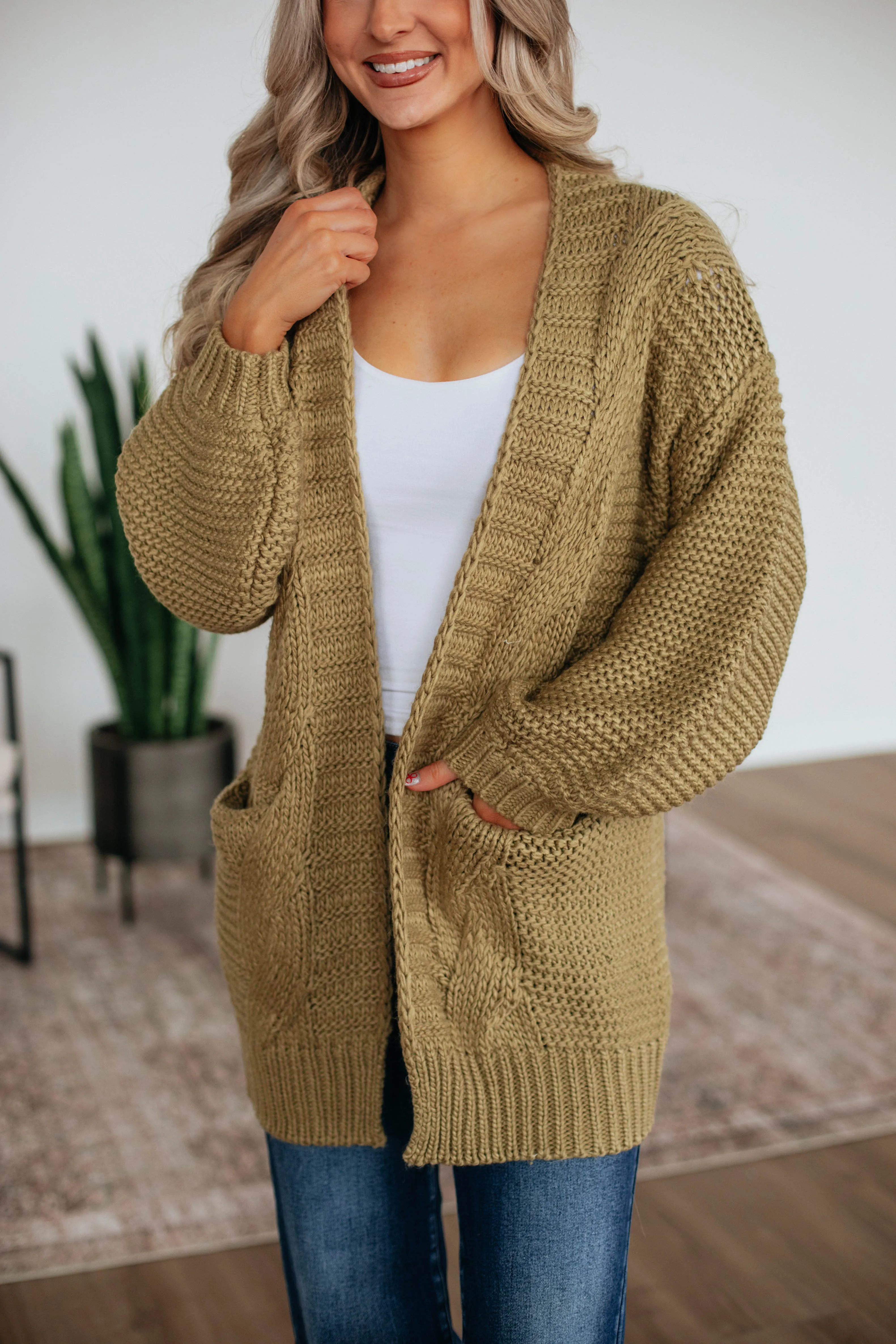 Montley Cable Knit Cardigan - Light Olive