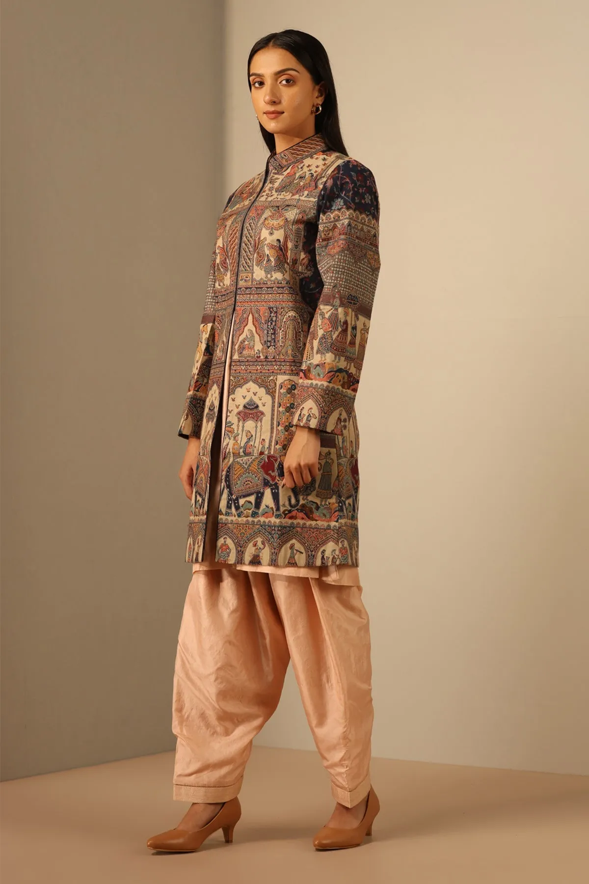 Multicolor Fine Wool Silk Around Knee Coat for Women | Made To Order