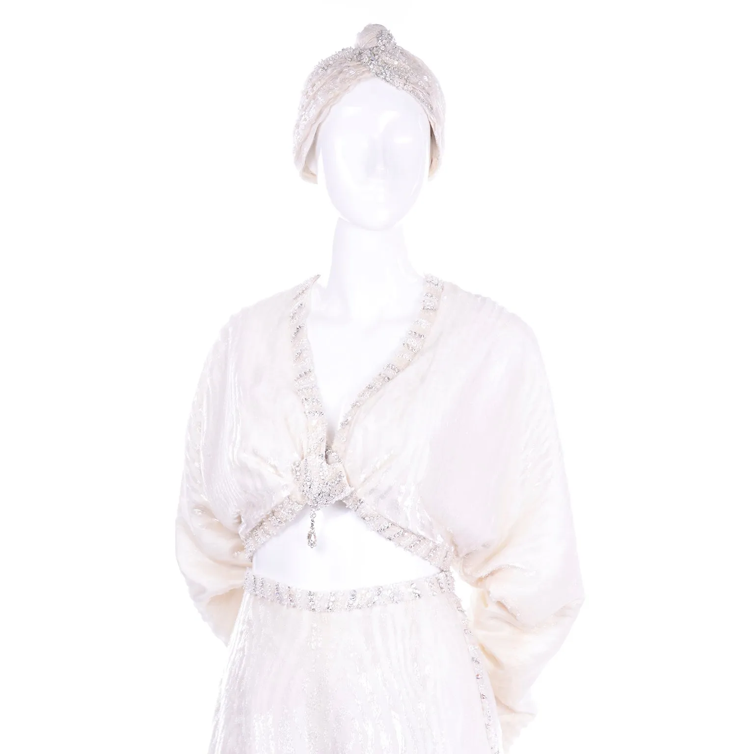 Natalie Cole 1970s White Beaded Evening Outfit W Pants Bustier Shrug & Headband