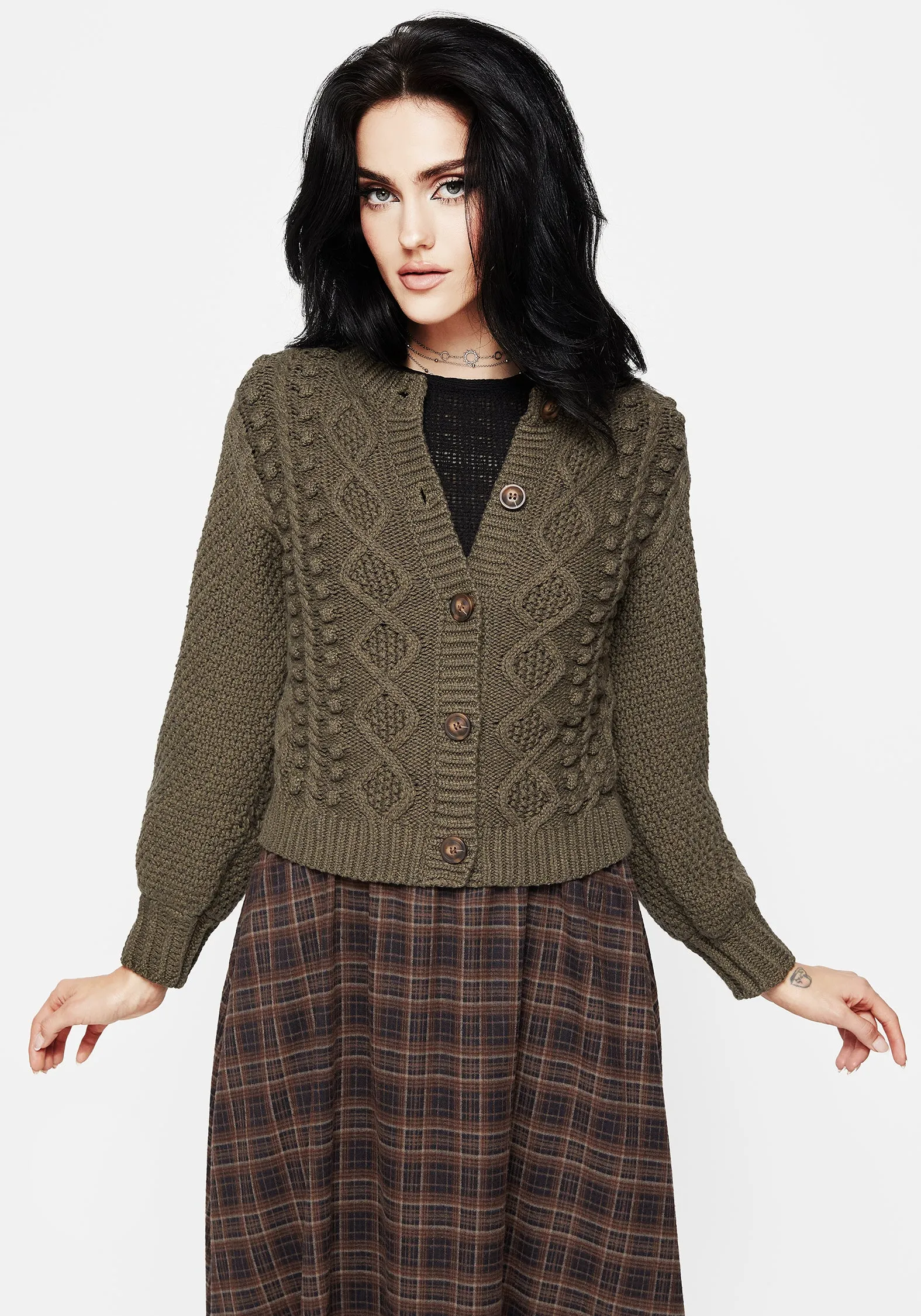 Nerthus Pom Pom Cable Knit Cardigan