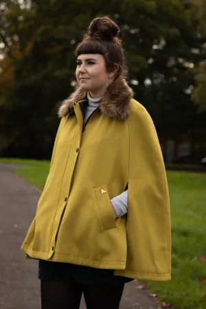 Newbury Tweed Cape with Faux Fur Collar - Ochre Yellow