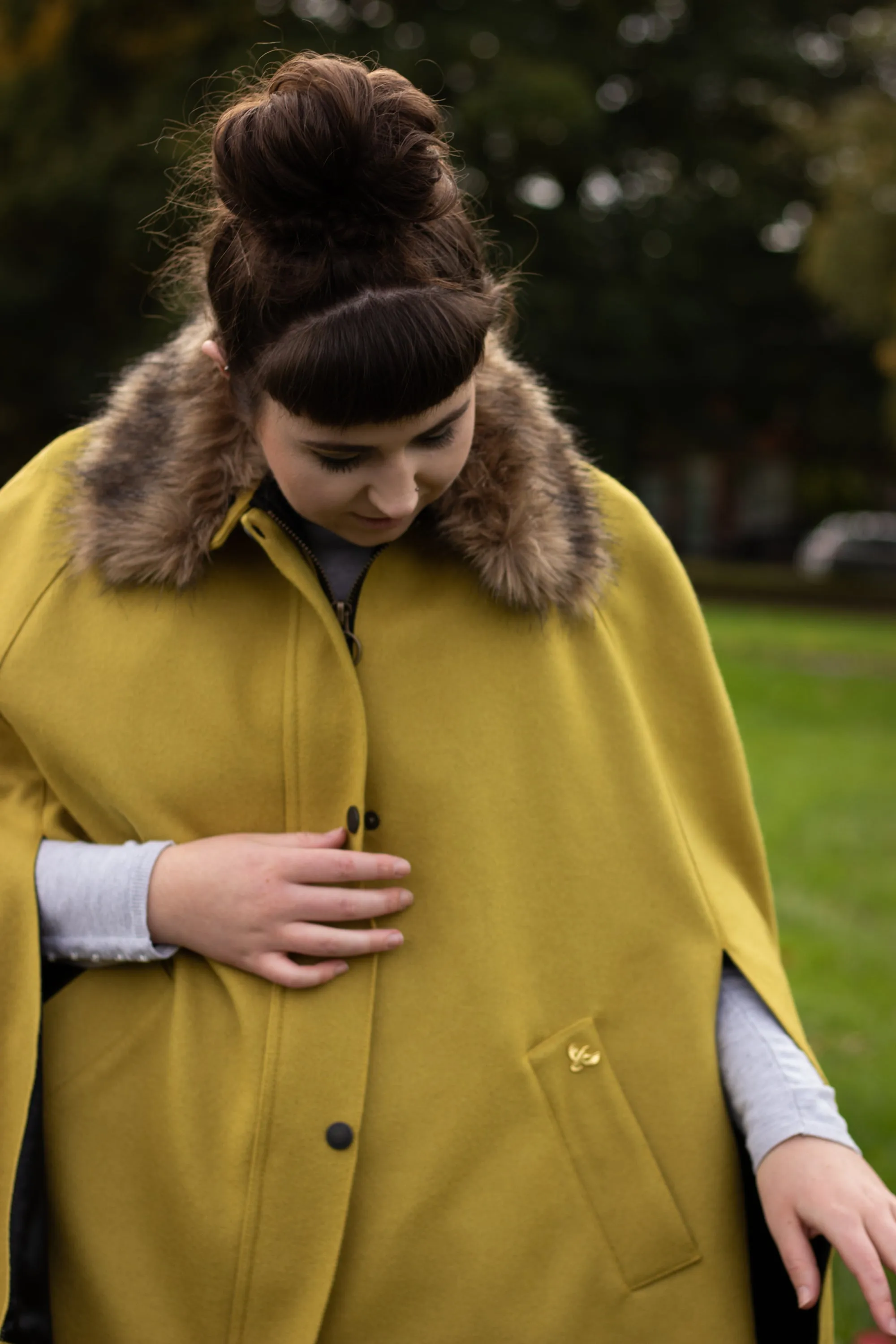 Newbury Tweed Cape with Faux Fur Collar - Ochre Yellow