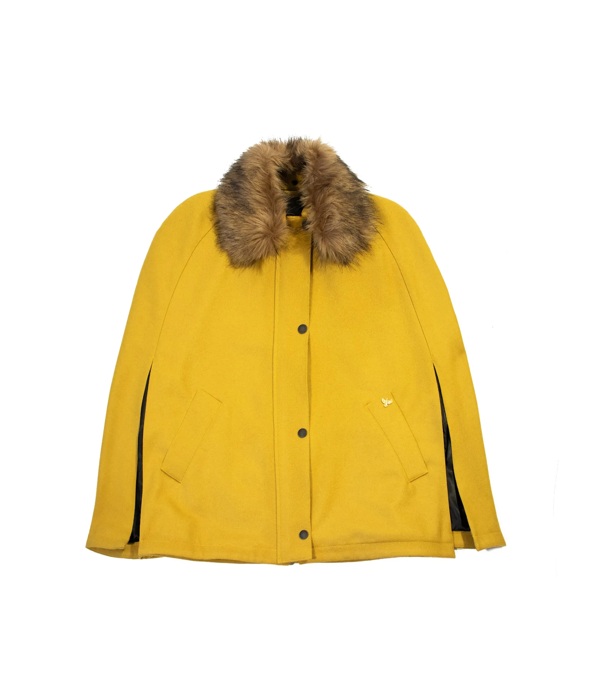 Newbury Tweed Cape with Faux Fur Collar - Ochre Yellow