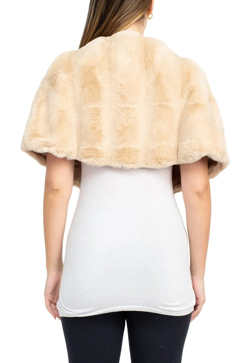 Nina Leonard Crew Neck Cape Sleeve Embellished One Button Solid Faux Fur