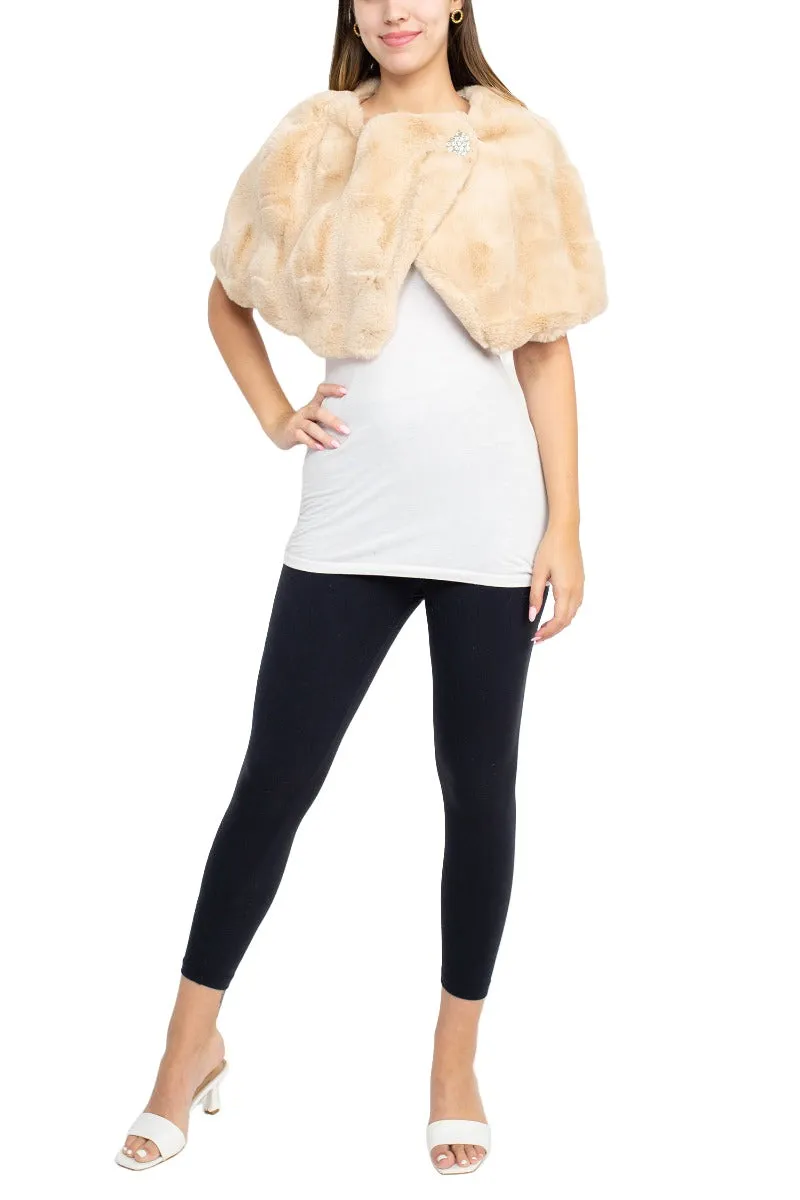 Nina Leonard Crew Neck Cape Sleeve Embellished One Button Solid Faux Fur