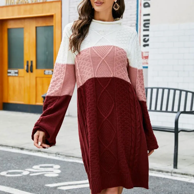 Nordic Roll Neck Bishop Sleeve Fisherman Cable Knit Winter Sweater Mini Dress