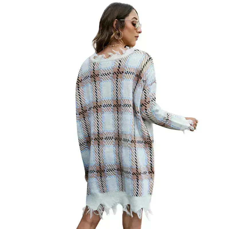 Off shoulder V-neck Pullover Knitted Mini Plaid Sweater Dress