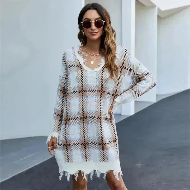 Off shoulder V-neck Pullover Knitted Mini Plaid Sweater Dress