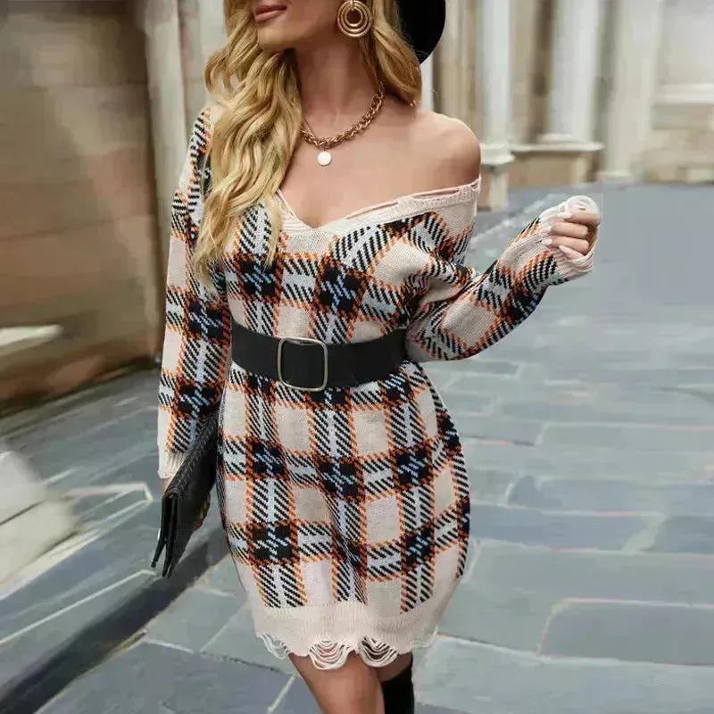 Off shoulder V-neck Pullover Knitted Mini Plaid Sweater Dress