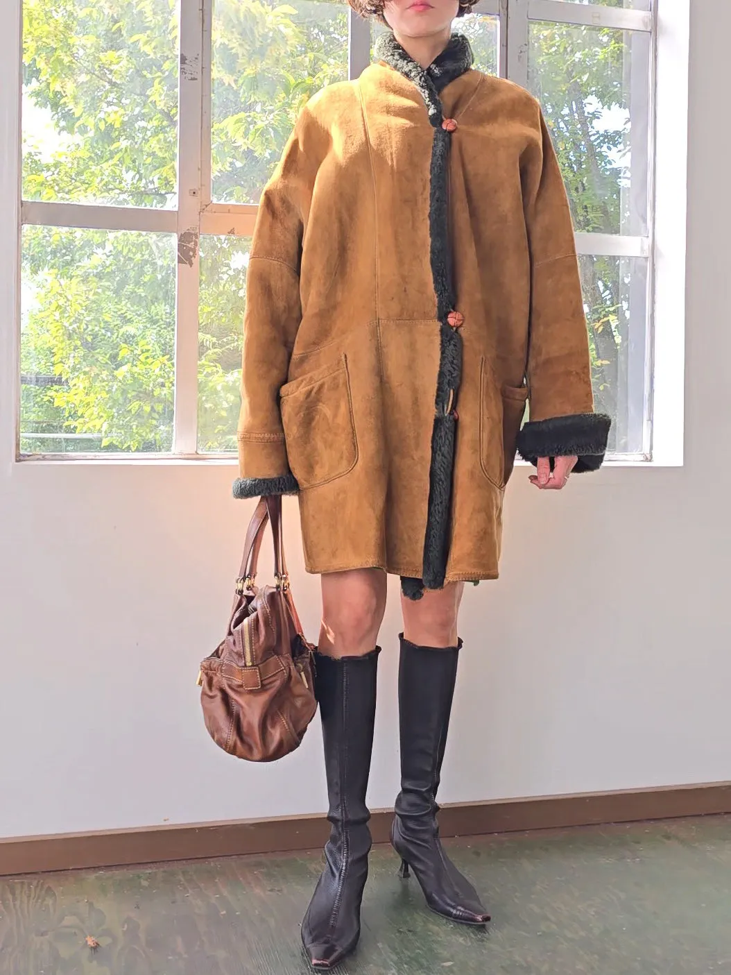 Olive Trimmed Soft Shearling Coat (S)