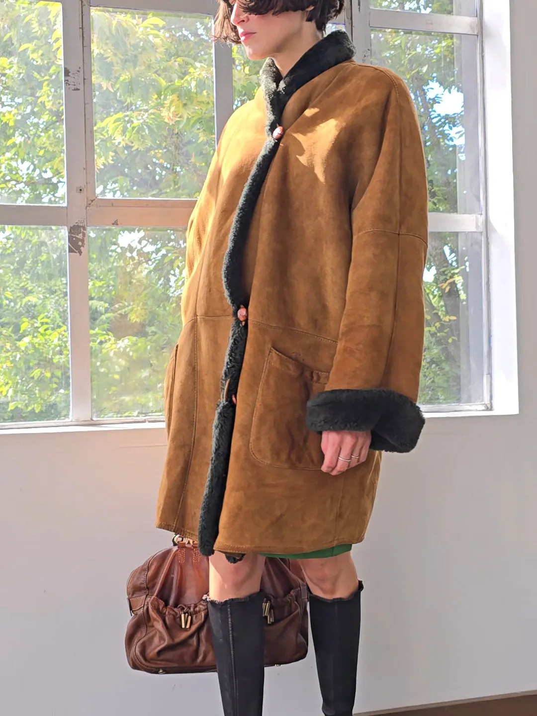 Olive Trimmed Soft Shearling Coat (S)