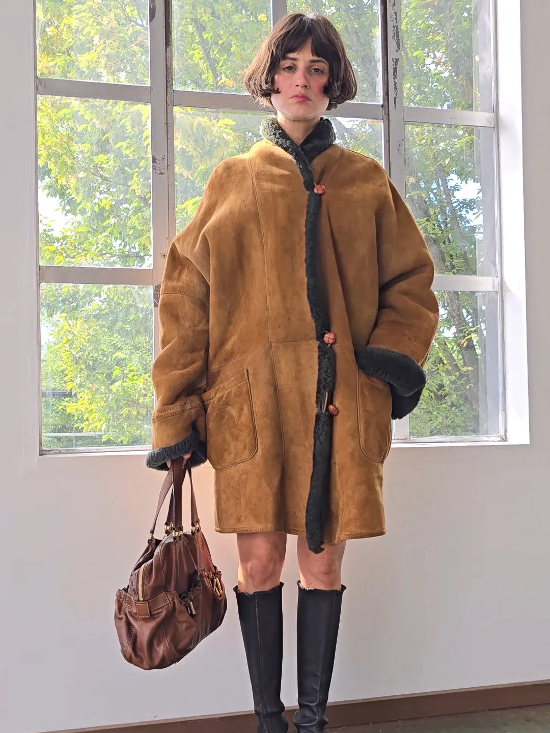 Olive Trimmed Soft Shearling Coat (S)