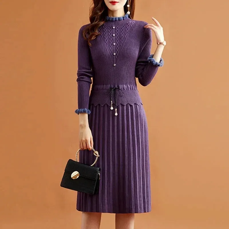 Pleated Knitted Dress Bottoming Sweater Dresses Fake Two Pieces Women Vintage Elegant Long Sleeve Fall Casual Slim Midi Vestidos