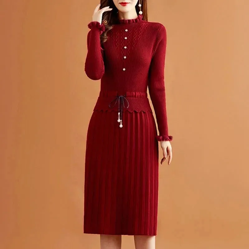 Pleated Knitted Dress Bottoming Sweater Dresses Fake Two Pieces Women Vintage Elegant Long Sleeve Fall Casual Slim Midi Vestidos