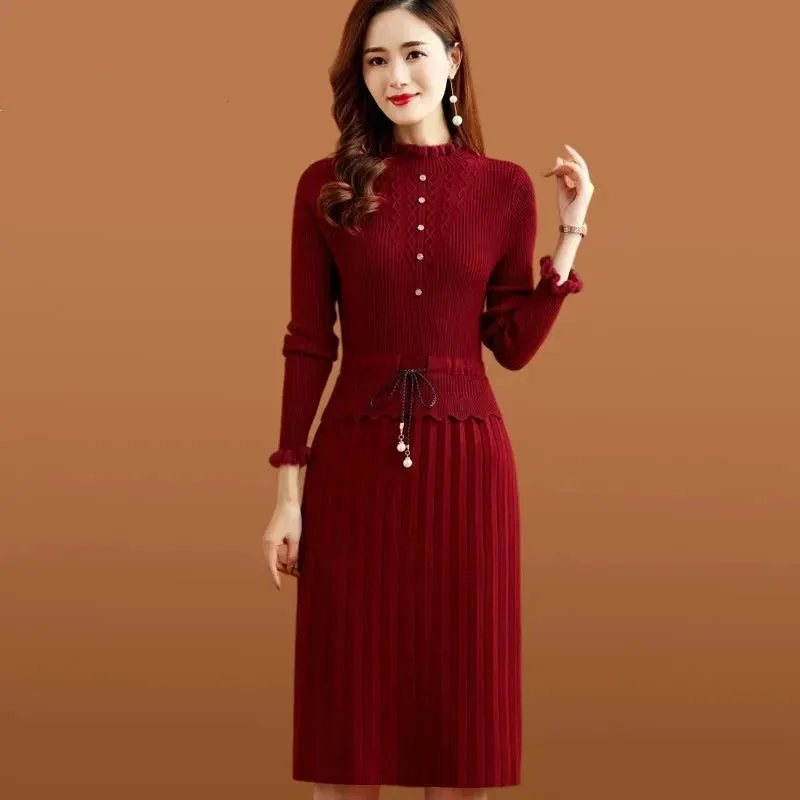 Pleated Knitted Dress Bottoming Sweater Dresses Fake Two Pieces Women Vintage Elegant Long Sleeve Fall Casual Slim Midi Vestidos