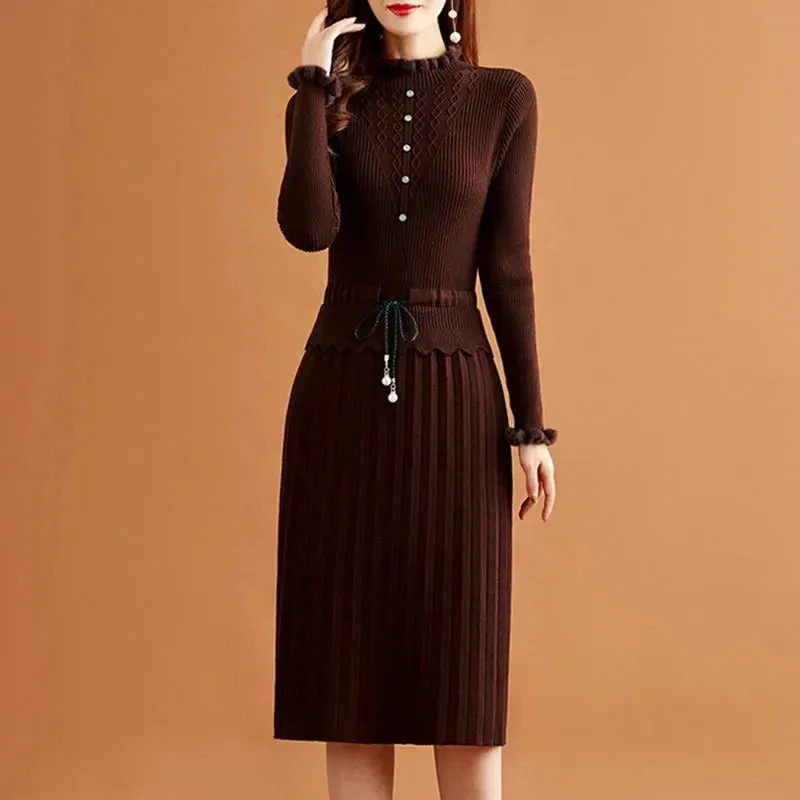 Pleated Knitted Dress Bottoming Sweater Dresses Fake Two Pieces Women Vintage Elegant Long Sleeve Fall Casual Slim Midi Vestidos