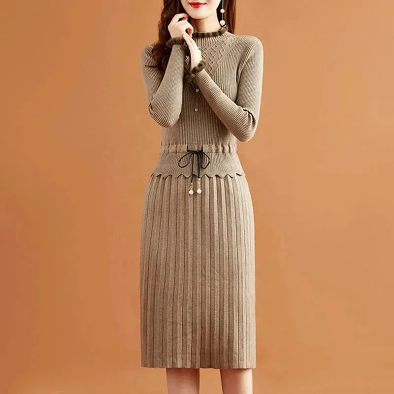 Pleated Knitted Dress Bottoming Sweater Dresses Fake Two Pieces Women Vintage Elegant Long Sleeve Fall Casual Slim Midi Vestidos