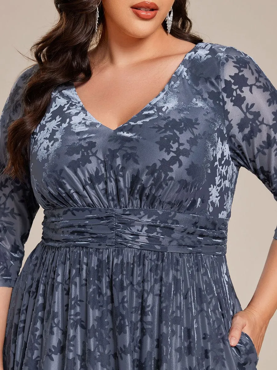 Plus Size 3/4 Sleeve Floral Velvet Wedding Guest Dress with Pockets