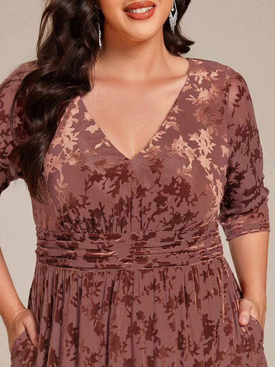 Plus Size 3/4 Sleeve Floral Velvet Wedding Guest Dress with Pockets