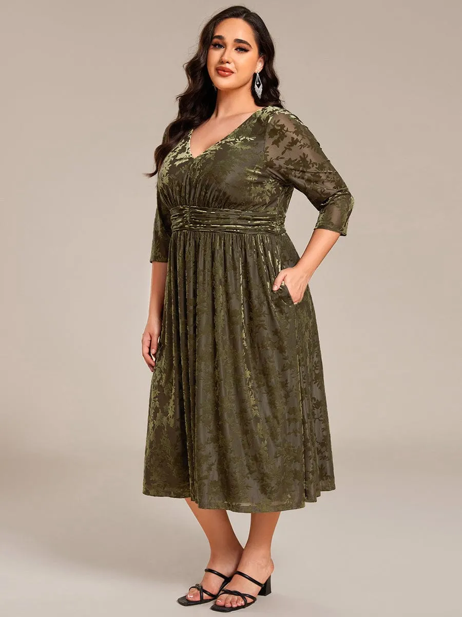 Plus Size 3/4 Sleeve Floral Velvet Wedding Guest Dress with Pockets