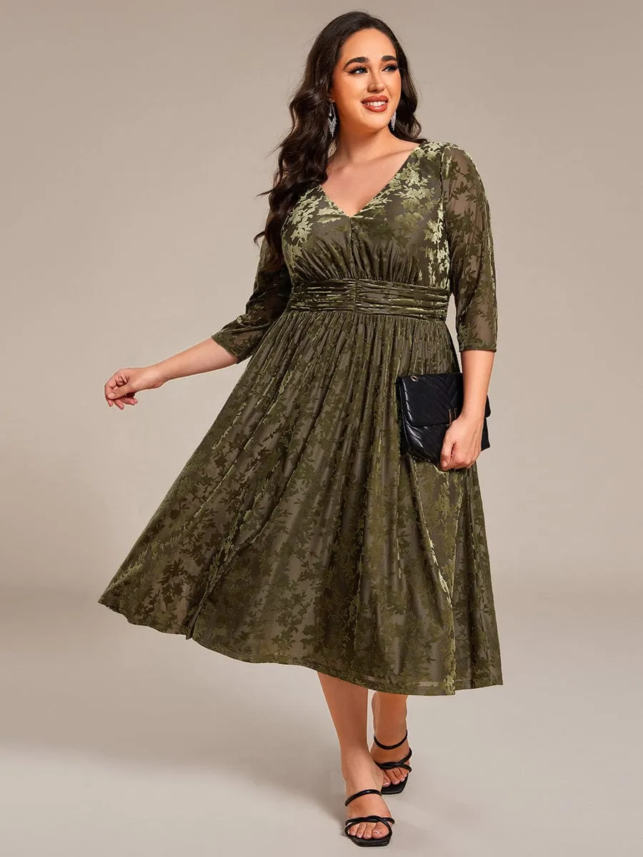 Plus Size 3/4 Sleeve Floral Velvet Wedding Guest Dress with Pockets