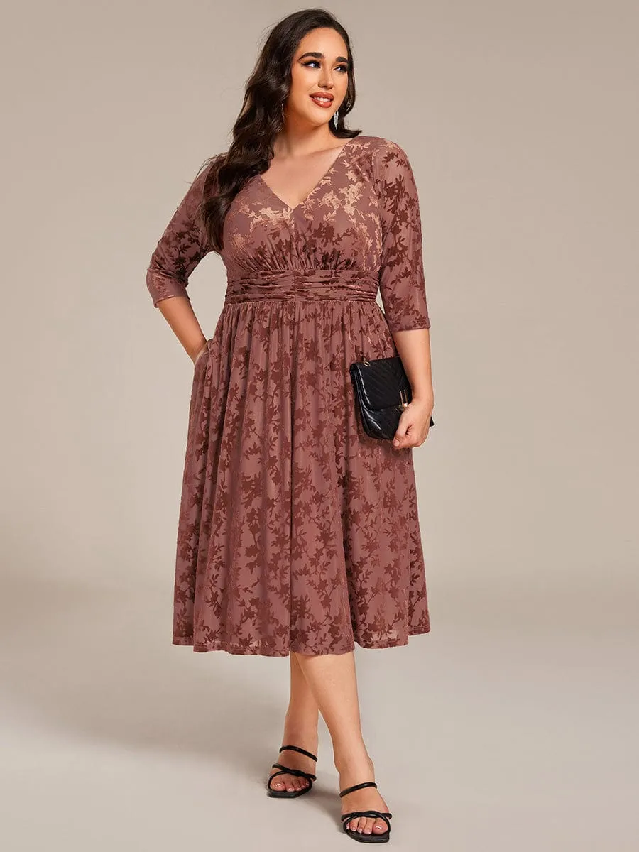 Plus Size 3/4 Sleeve Floral Velvet Wedding Guest Dress with Pockets