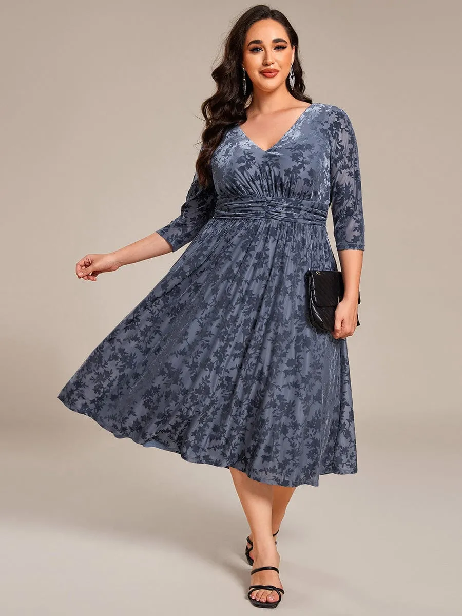 Plus Size 3/4 Sleeve Floral Velvet Wedding Guest Dress with Pockets