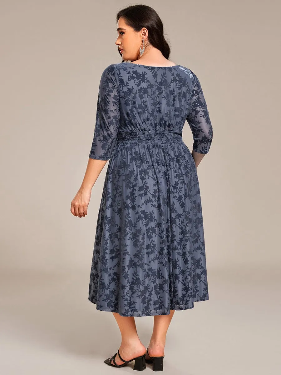 Plus Size 3/4 Sleeve Floral Velvet Wedding Guest Dress with Pockets