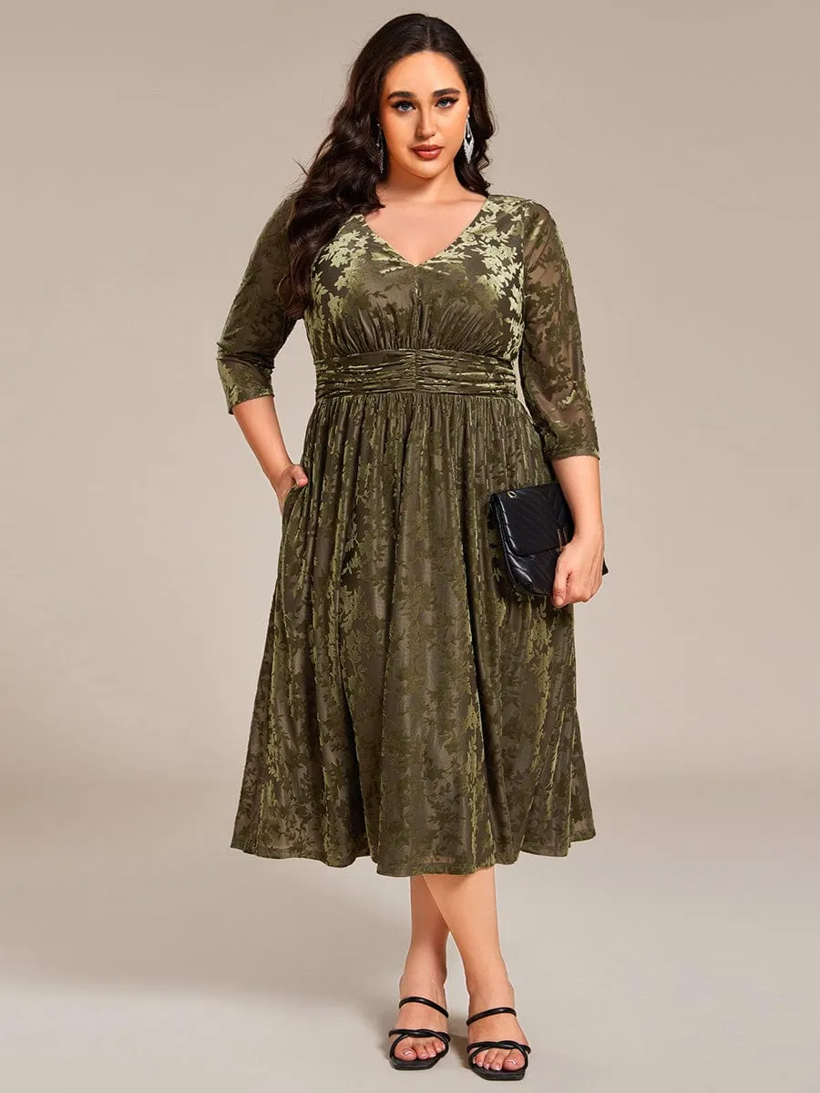 Plus Size 3/4 Sleeve Floral Velvet Wedding Guest Dress with Pockets