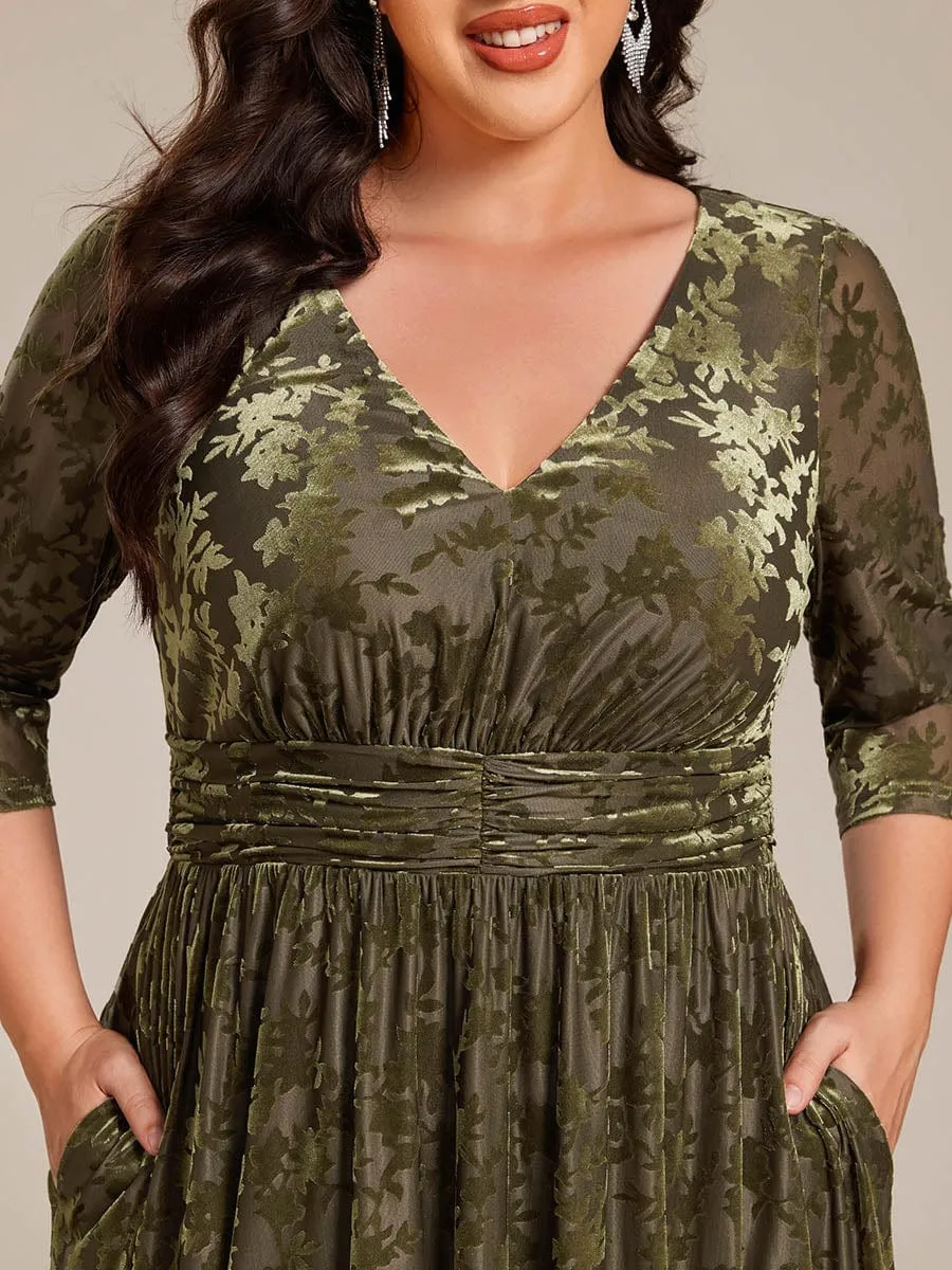 Plus Size 3/4 Sleeve Floral Velvet Wedding Guest Dress with Pockets