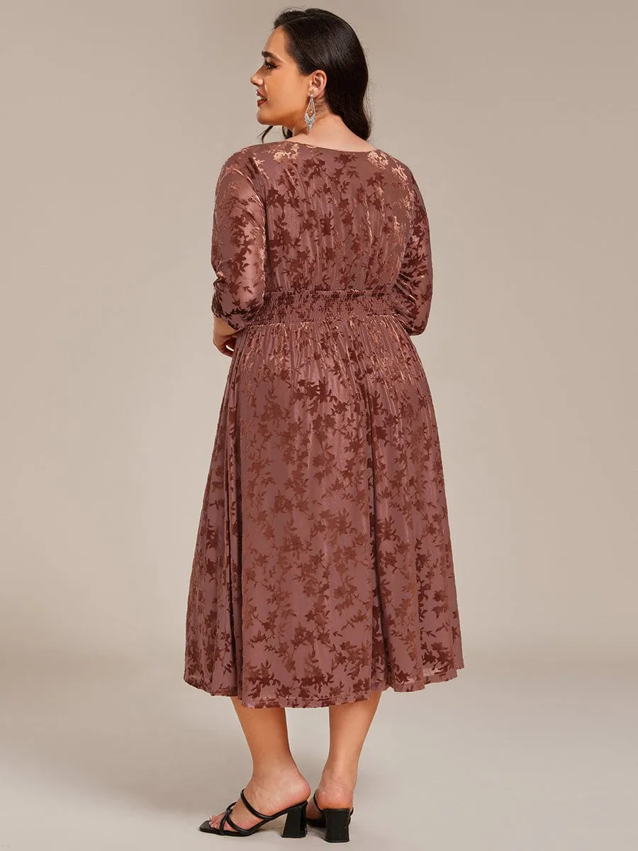 Plus Size 3/4 Sleeve Floral Velvet Wedding Guest Dress with Pockets