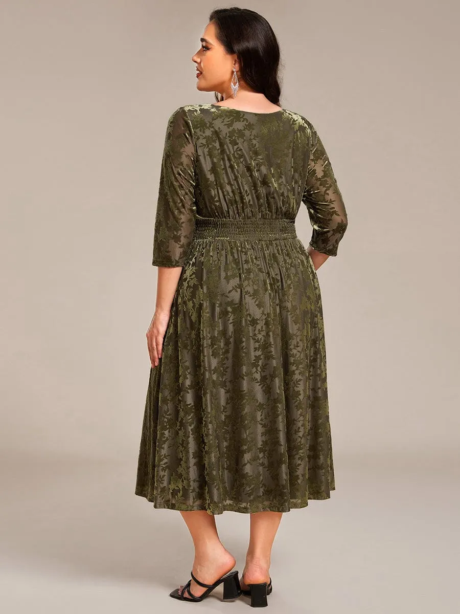 Plus Size 3/4 Sleeve Floral Velvet Wedding Guest Dress with Pockets