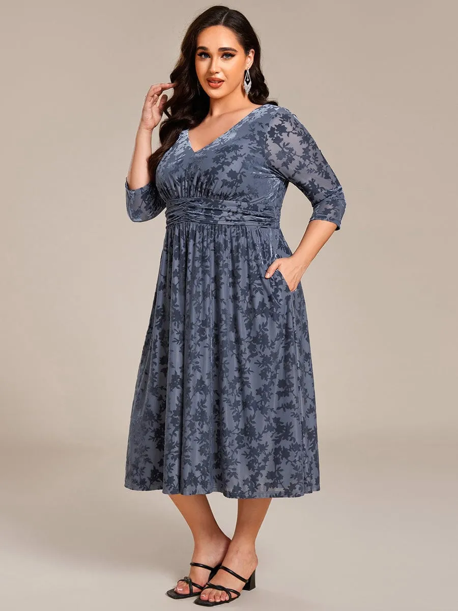 Plus Size 3/4 Sleeve Floral Velvet Wedding Guest Dress with Pockets