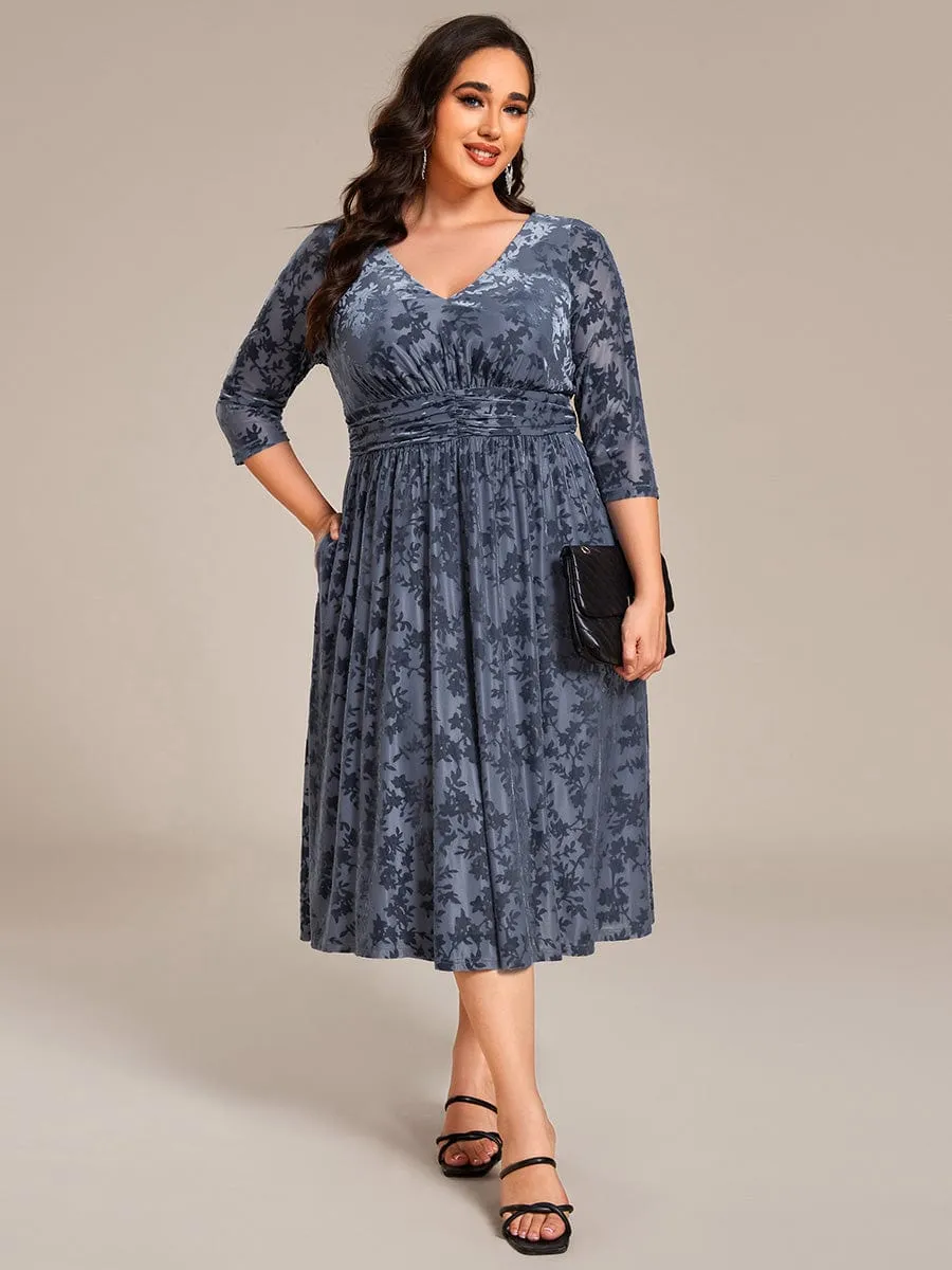 Plus Size 3/4 Sleeve Floral Velvet Wedding Guest Dress with Pockets