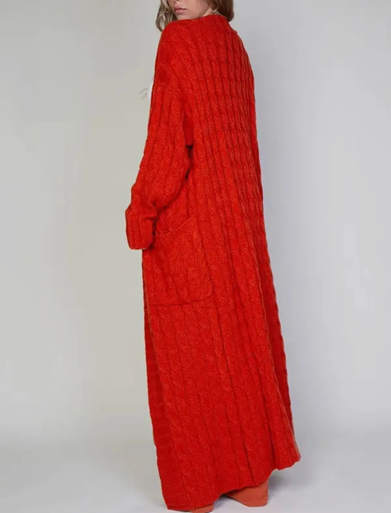 “Radiant Rouge” Chunky Cable Knit Maxi Cardigan