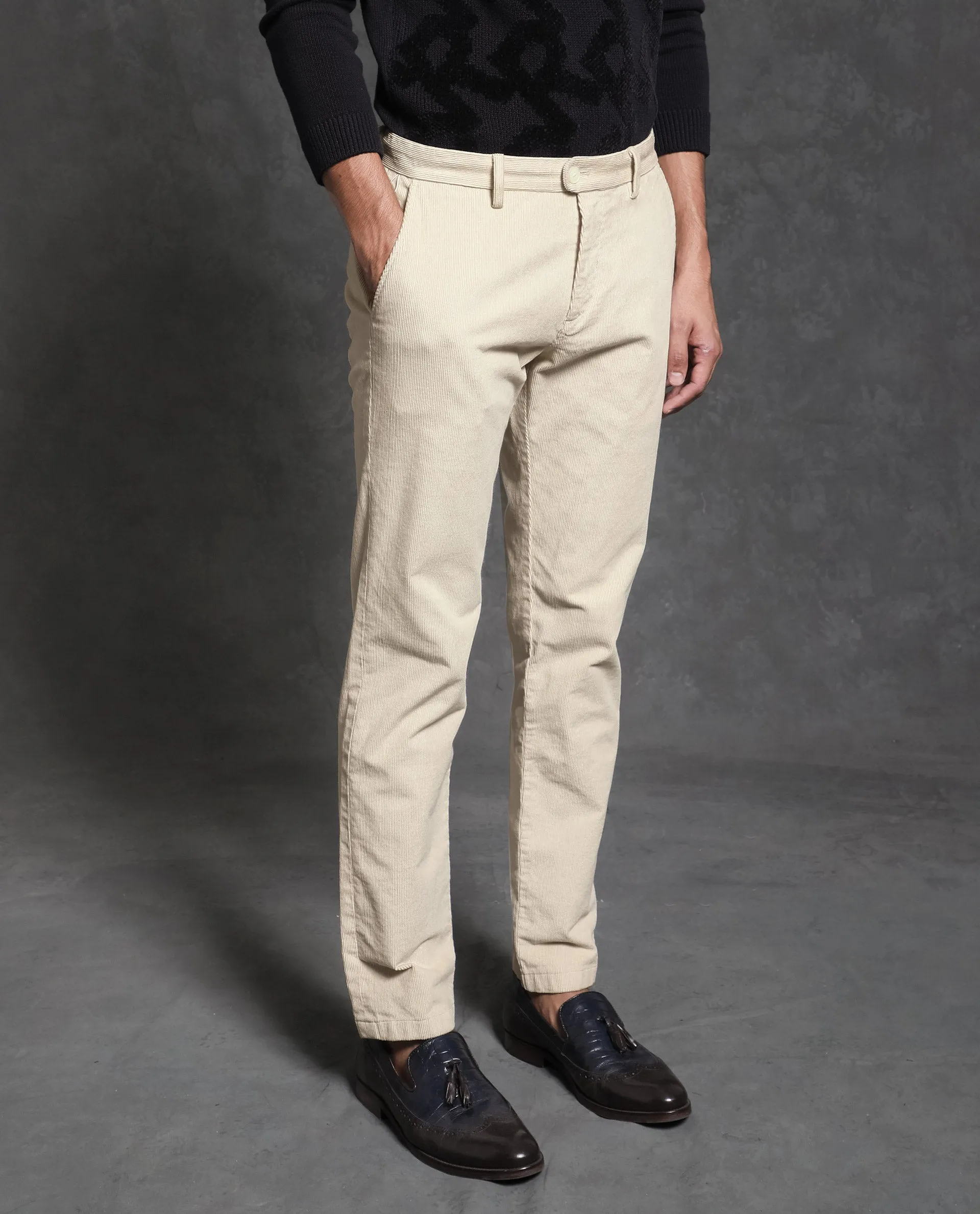 Rare Rabbit Men's Upton Off White Mid-Rise Regular Fit Corduroy Trousers