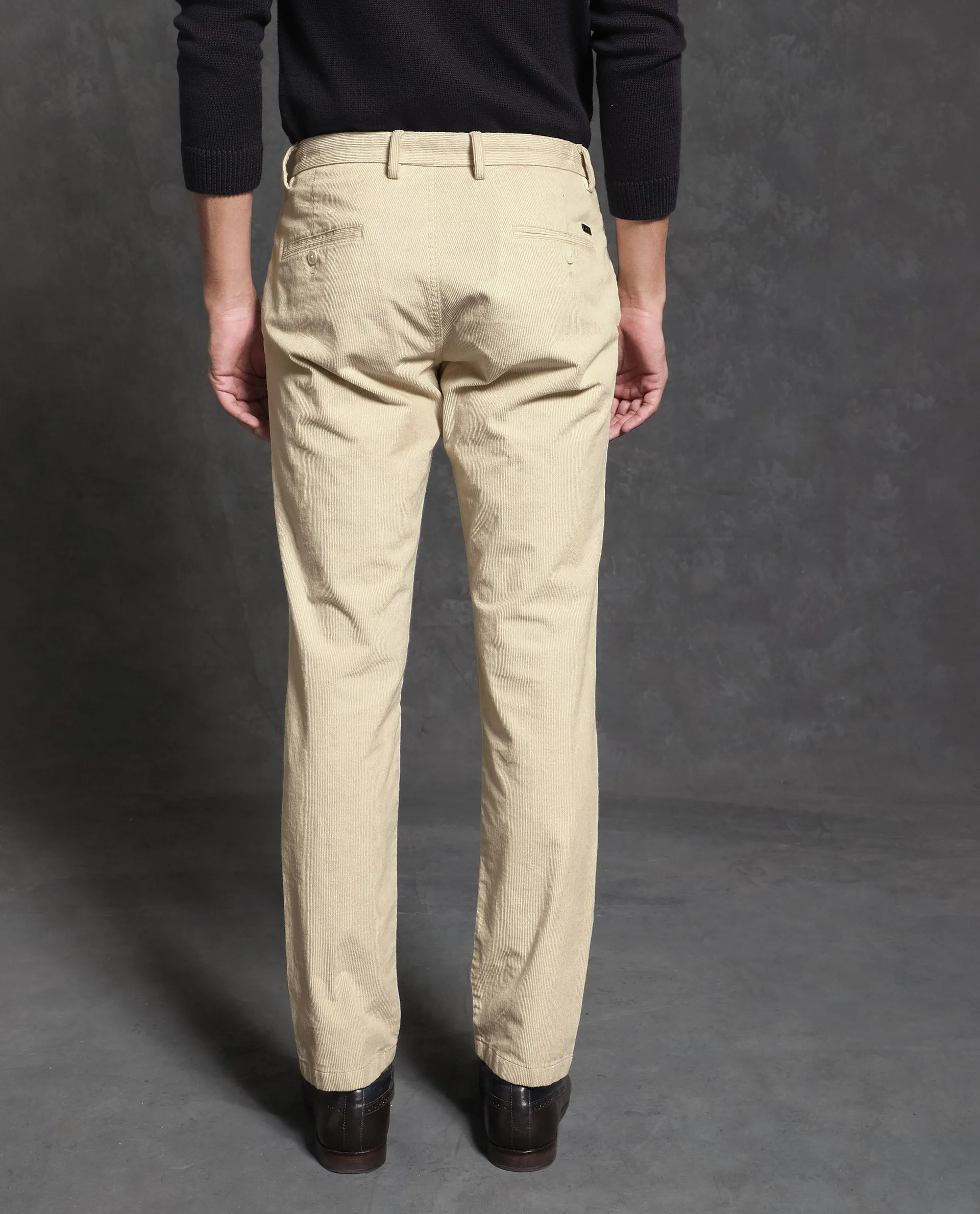 Rare Rabbit Men's Upton Off White Mid-Rise Regular Fit Corduroy Trousers