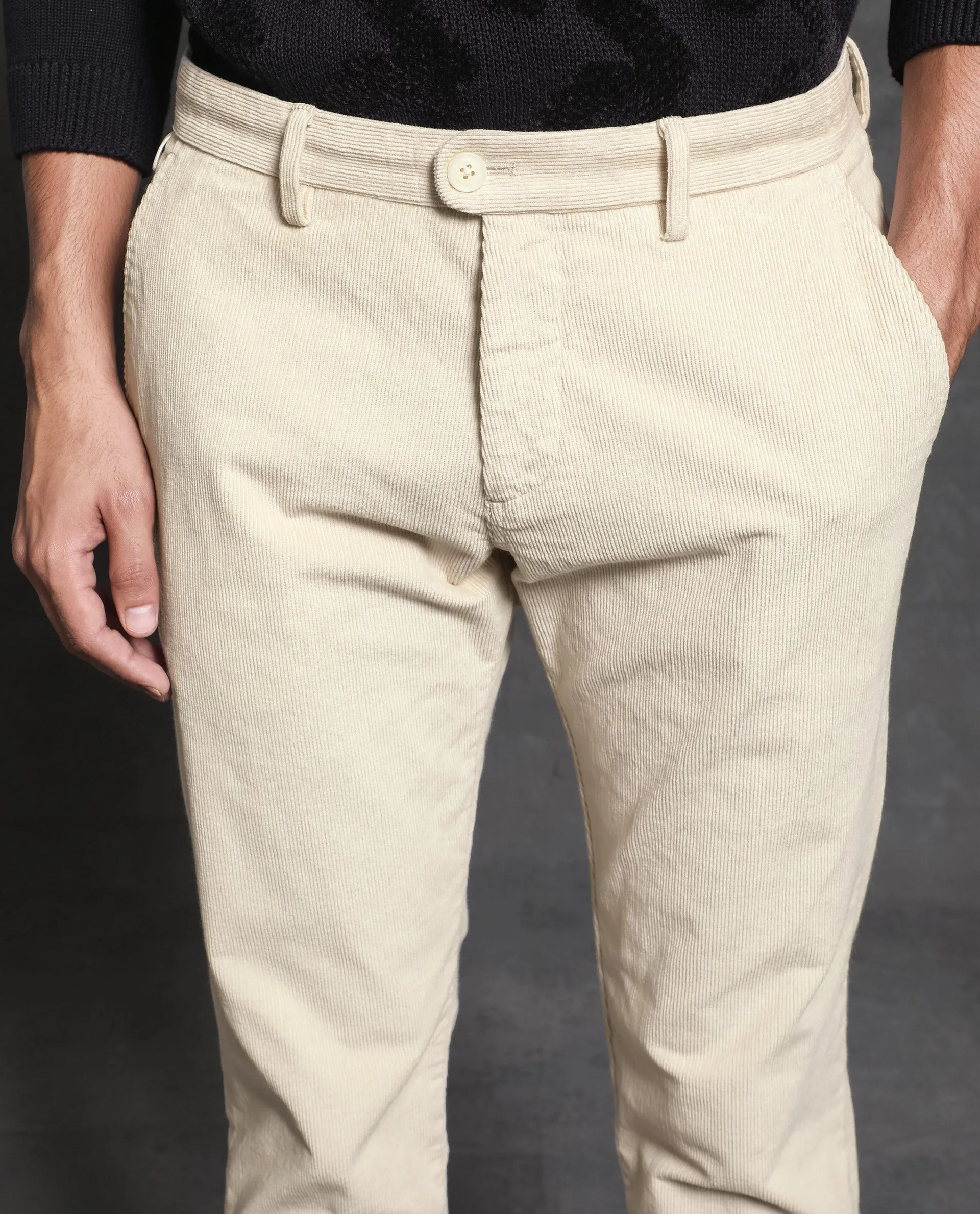 Rare Rabbit Men's Upton Off White Mid-Rise Regular Fit Corduroy Trousers