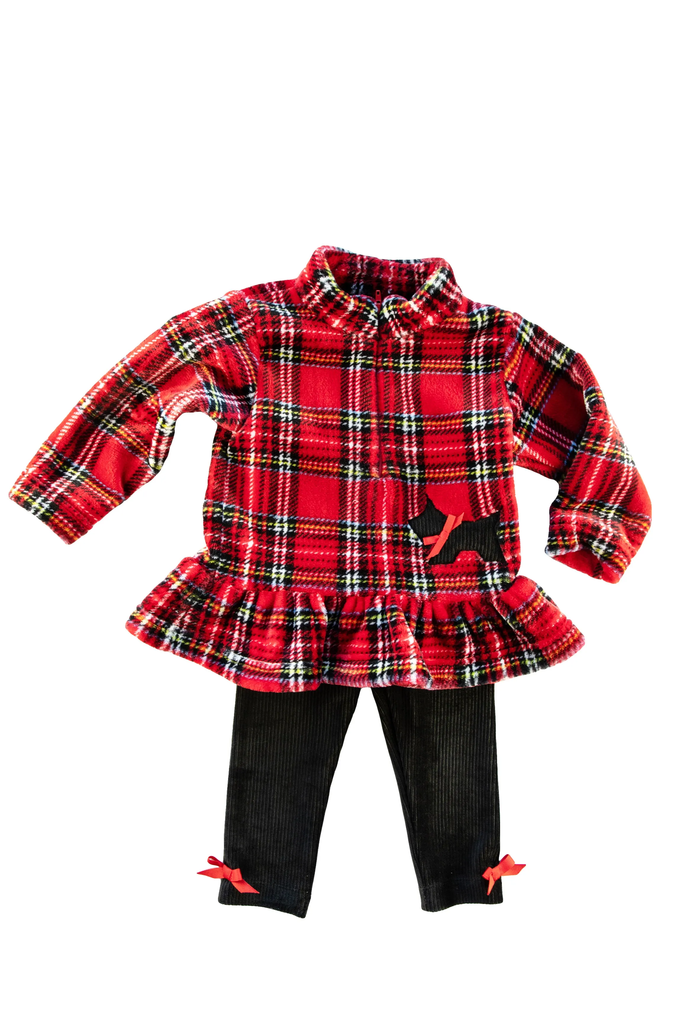 Red Plaid Fleece Half Zip Top With Scottie Dog