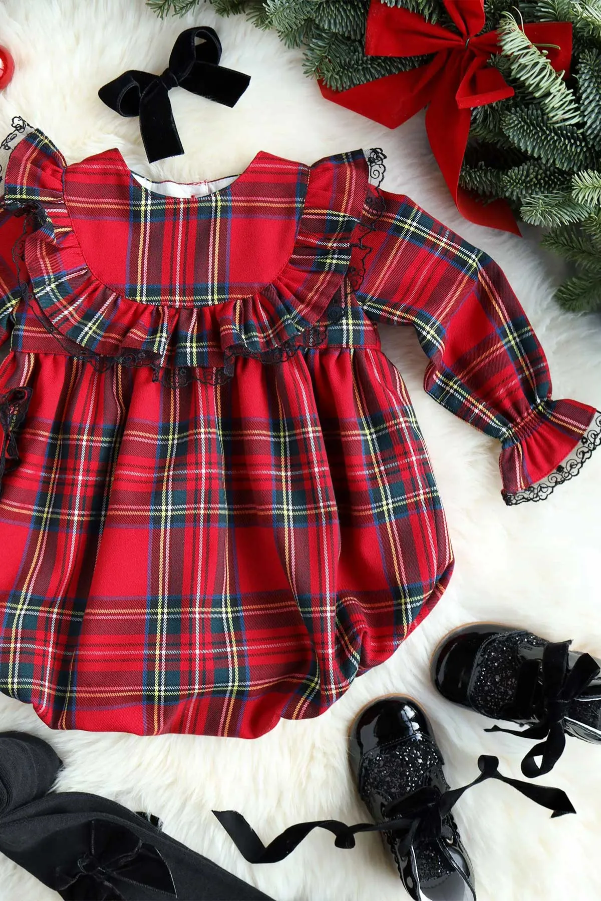 Red Tartan & Black Lace Romper (3M - 4Y)