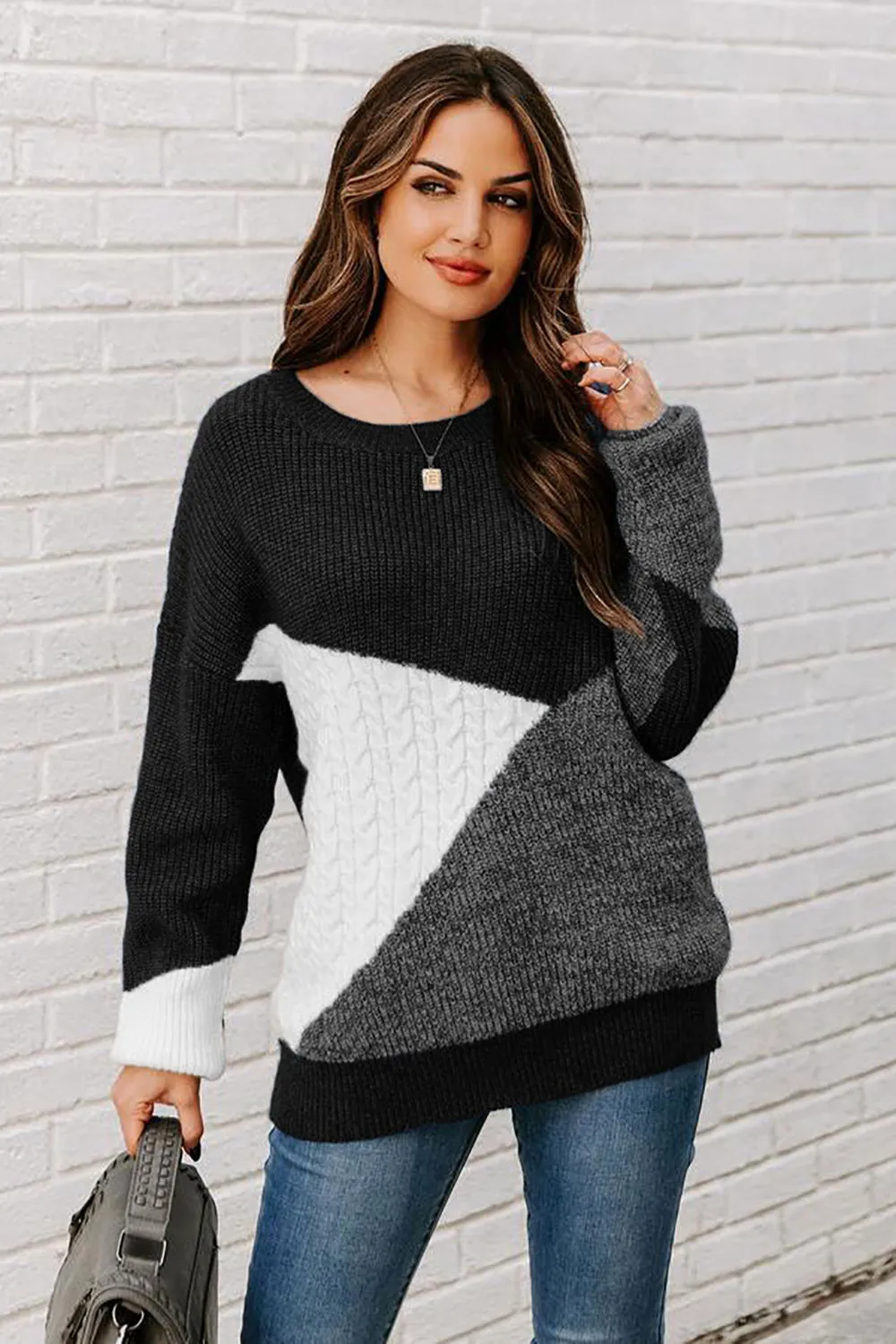 Round Neck Black Loose Women's Knitted Sweater