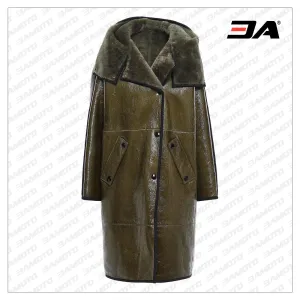 Shearling Trimmed Crinkled Glossed Fur Leather Hooded Coat