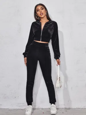 SHEIN EZwear Solid Velvet Bomber Jacket & Sweatpants Set