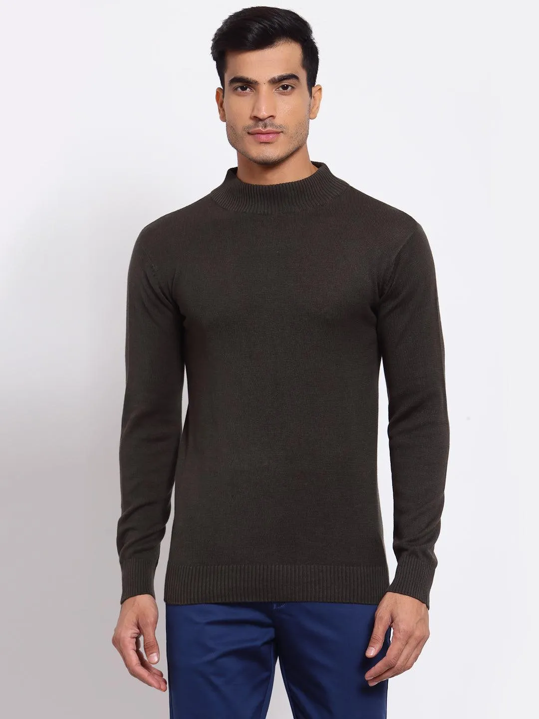 Style Quotient Men Solid Dark Green Knitted Regular Sweatshirt