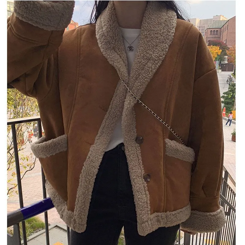 Tan Faux Lambskin Suede Double Faced Faux Fur Shearling Jacket