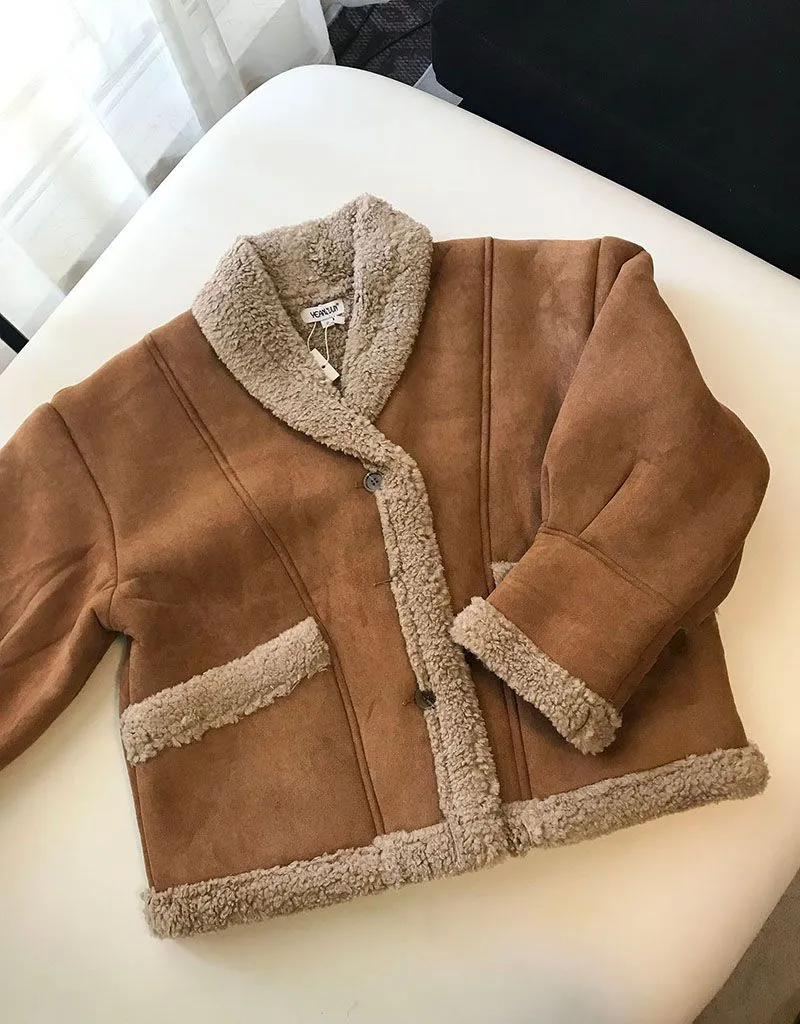 Tan Faux Lambskin Suede Double Faced Faux Fur Shearling Jacket