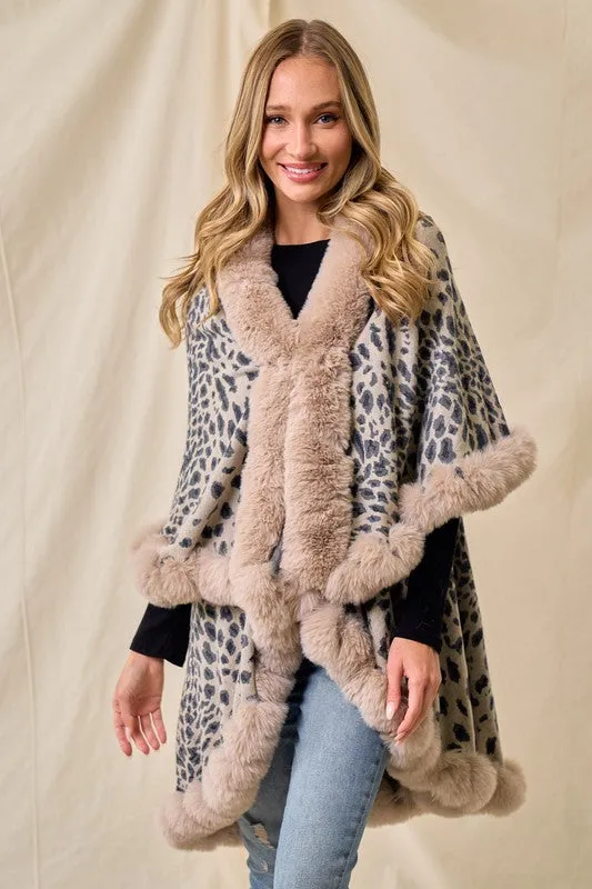 Taupe Faux Fur Shawl Women Fine Knit Open Front